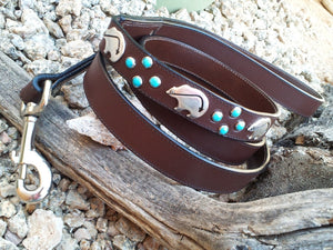 Brown Leather and Turqouise Dog Leash